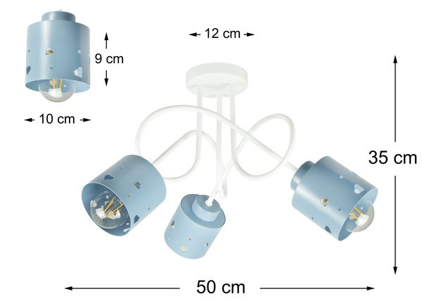 Lampa sufitowa do pokoju dziecka biało-niebieska SERCA LOFT 3xE27