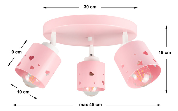 Lampa sufitowa do pokoju dziewczynki różowa w serca 3xE27