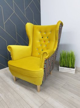 Fotel Uszak z tkanin łączonych żółty-musztardowy