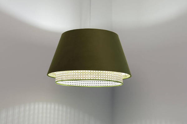 Lampa w stylu Boho podwójny abażur welur i naturalny rattan czarna