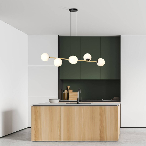 Nowoczesna lampa wisząca nad wyspę biało- złota GRAVITY 6 BL OPAL