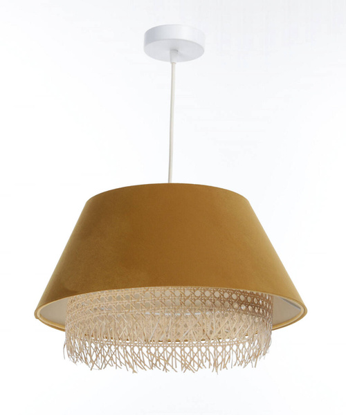 Lampa w stylu Boho podwójny abażur welur i naturalny rattan żółta 