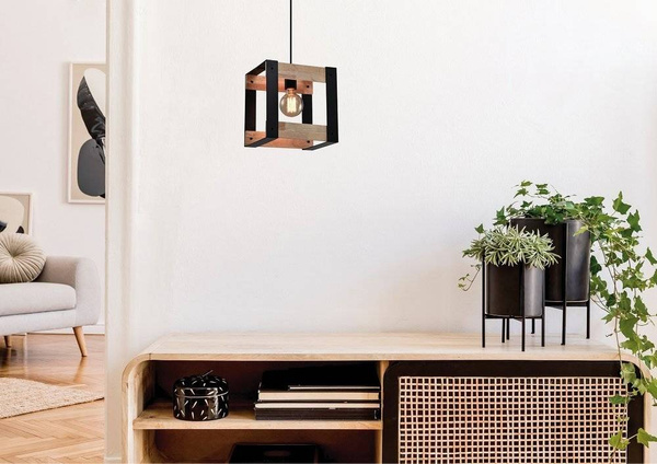 Lampa wisząca czarna metalowa + drewno 40W E27 Varna 31-78513