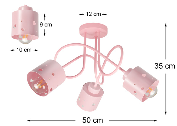Lampa sufitowa do pokoju dziewczynki różowa w serca loft 3xE27