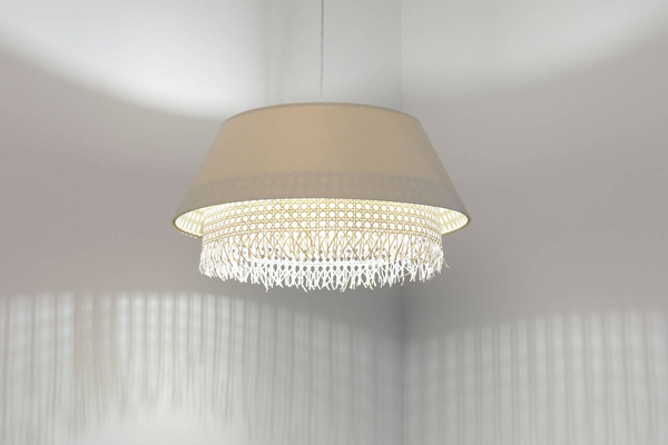 Lampa w stylu Boho podwójny abażur len i naturalny rattan kremowa 