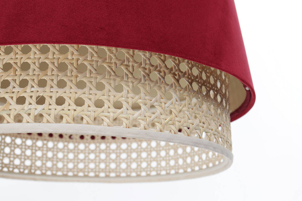 Lampa w stylu Boho podwójny abażur welur i naturalny rattan czerwona 
