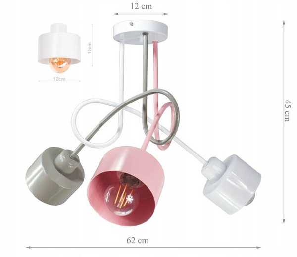 Lampa sufitowa do pokoju dziewczynki 3 punktowa kolorowa Zakręcony Kubeczek 3xE27 Led