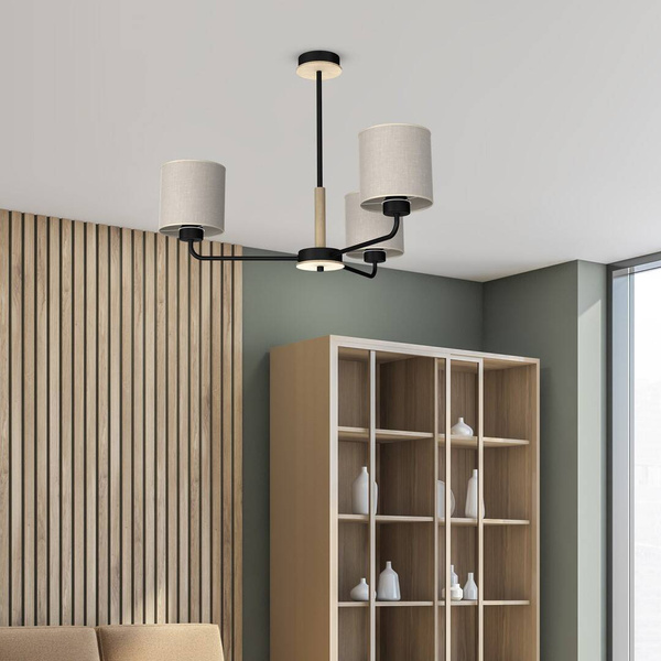 Żyrandol ATLANTA, MLP7451, czarny/drewno/beżowo-szary, 3x60W E27