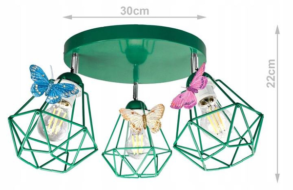 Lampa sufitowa do pokoju dziewczynki zielona 3 punktowa Motylek Druciak Loft 