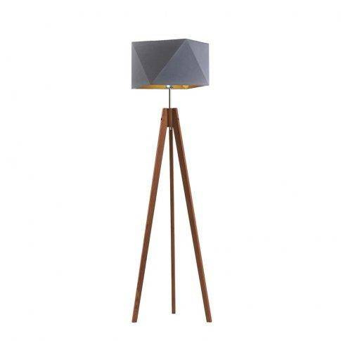 Lampa podłogowa Diament Gold – drewniana stojąca lampa ze złotym abażurem