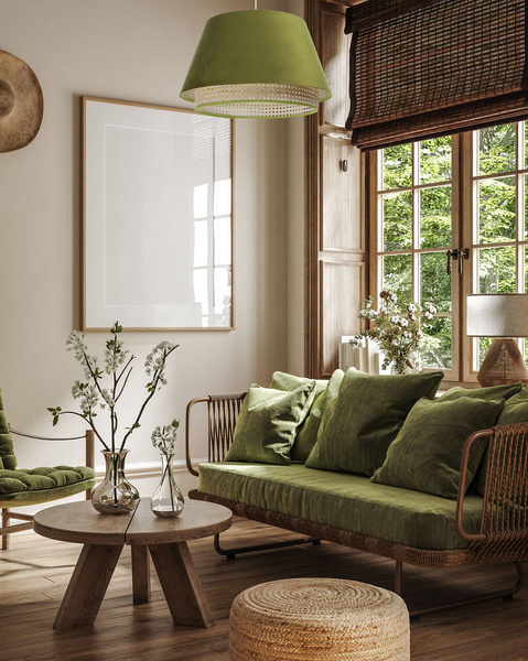 Lampa w stylu Boho podwójny abażur welur i naturalny rattan czarna