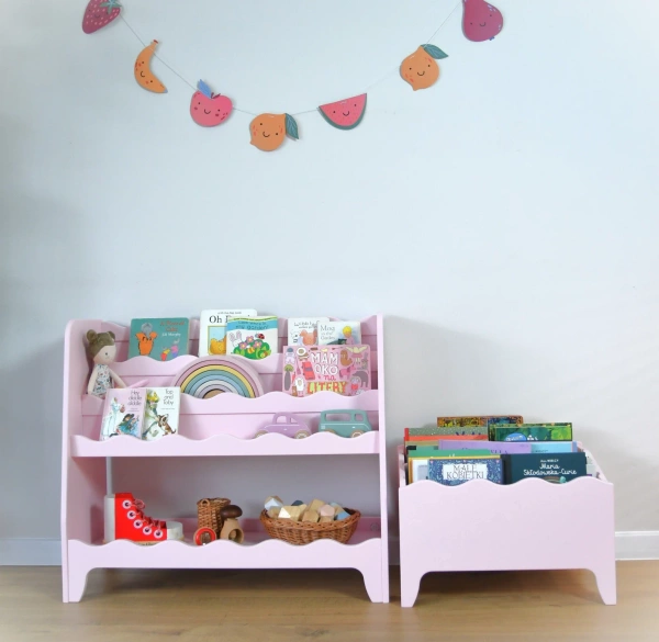 Drewniany regał na książki do pokoju dziecka Montessori Falbanka Różowa 