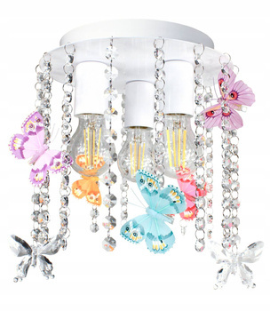 Lampa sufitowa do pokoju dziewczynki biała Motylek Kryształ 3xE27