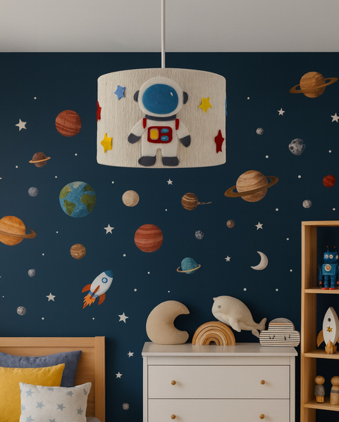 Lampa wisząca do pokoju chłopca Kosmonauta w tylu boho średnica 35 cm Led 