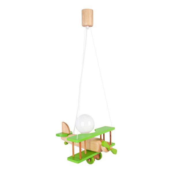 Lampa sufitowa do pokoju dziecka samolot drewniany mały naturalno- zielony LED