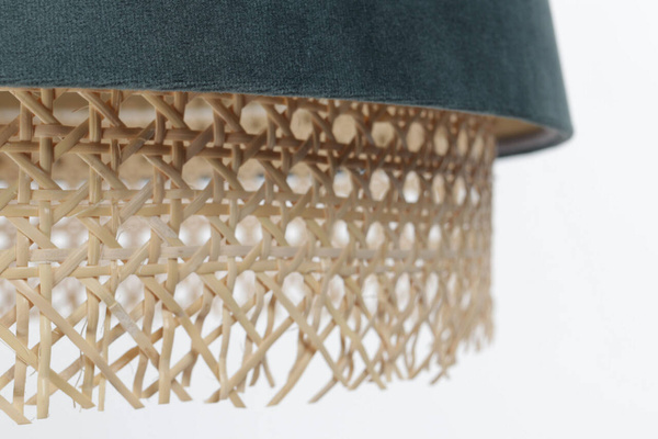 Lampa w stylu Boho podwójny abażur welur i naturalny rattan morski 