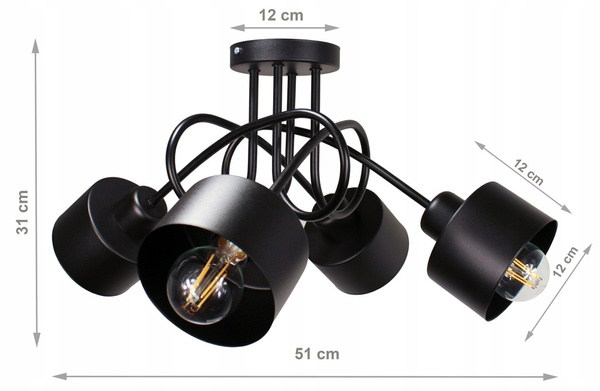 Lampa sufitowa do pokoju młodzieżowego czarna Zakręcony Kubeczek 4xE27 Led 