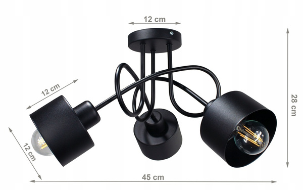 Lampa sufitowa do pokoju młodzieżowego czarna Zakręcony Kubeczek 3xE27 Led 