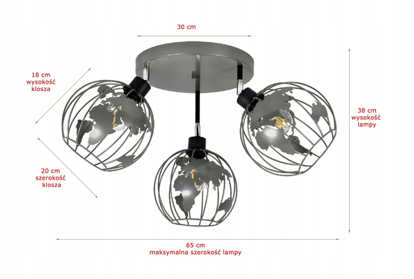 Lampa sufitowa do pokoju młodzieżowego szara Zakręcony Globus 3xE27 Led