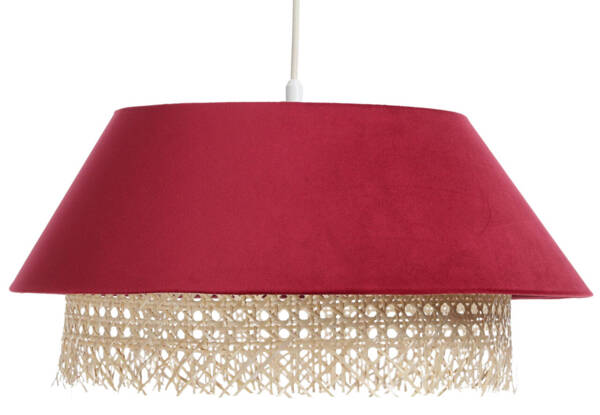 Lampa w stylu Boho podwójny abażur welur i naturalny rattan czerwona 