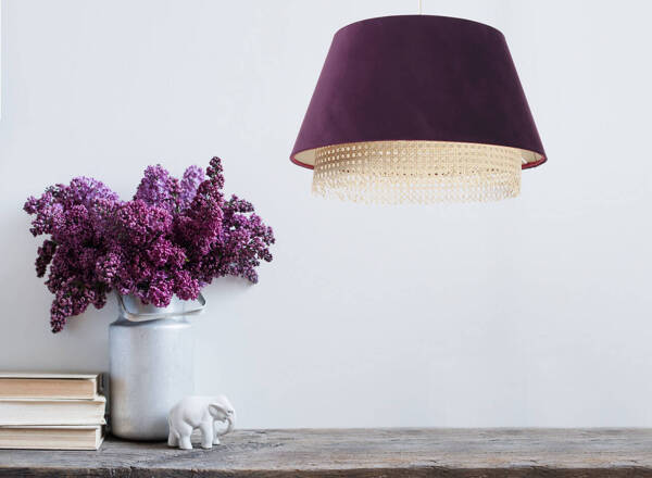 Lampa w stylu Boho podwójny abażur welur i naturalny rattan fioletowa 