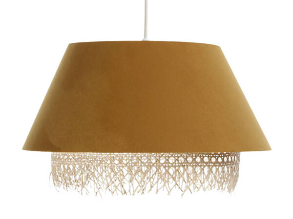 Lampa w stylu Boho podwójny abażur welur i naturalny rattan żółta 